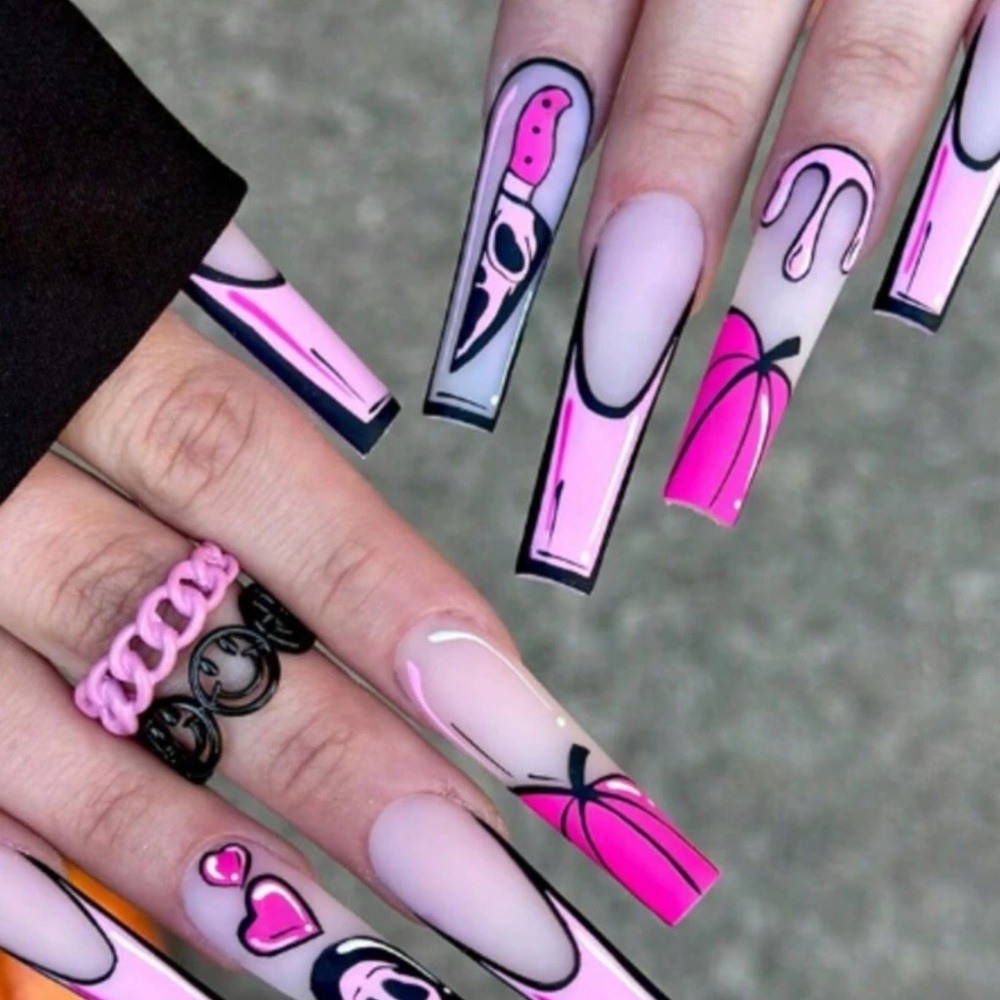 Pink and Black Ghostface Press On Nails